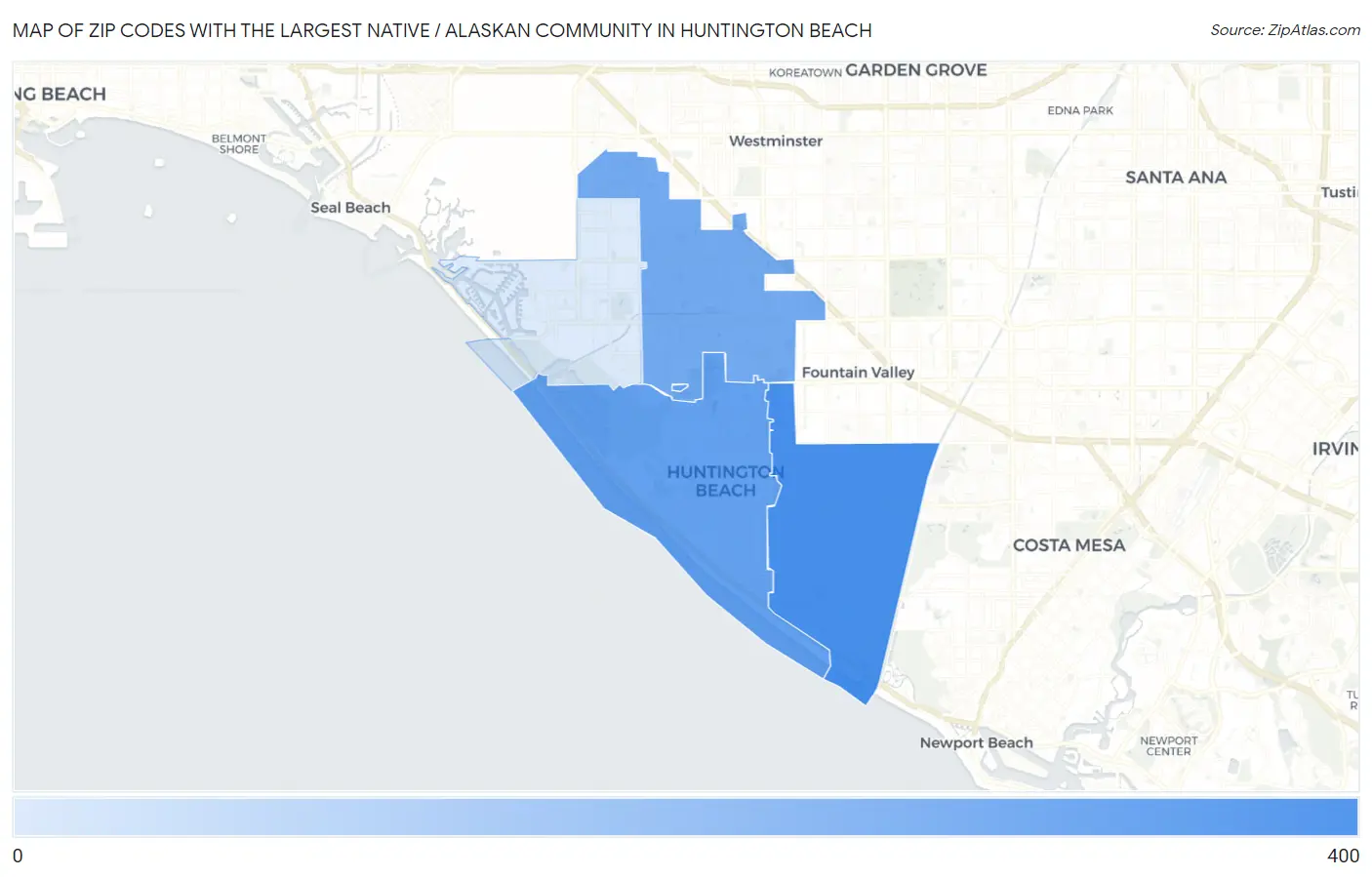 Zip Codes with the Largest Native / Alaskan Community in Huntington Beach Map