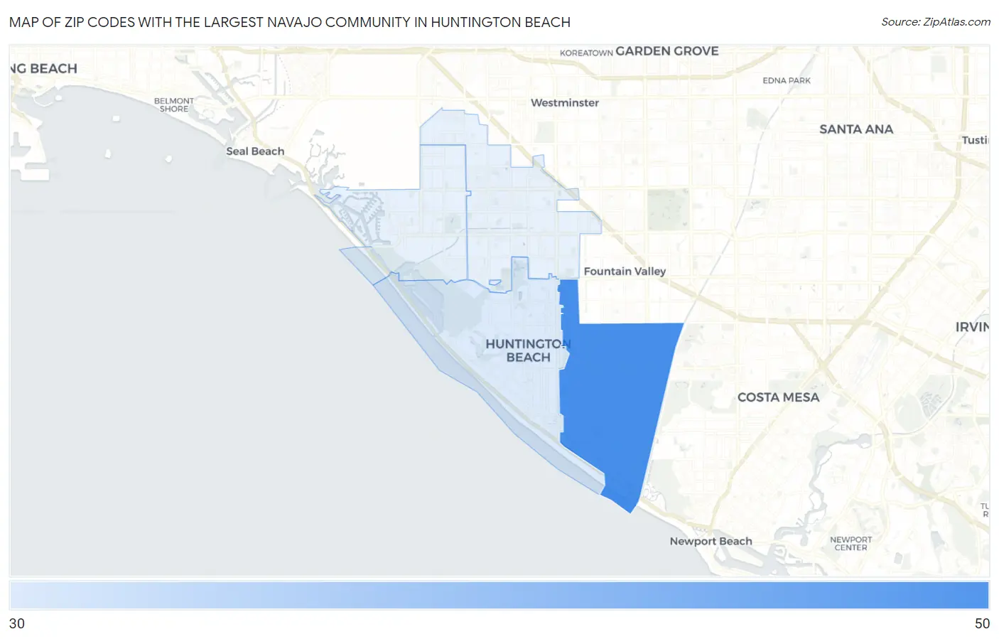 Zip Codes with the Largest Navajo Community in Huntington Beach Map