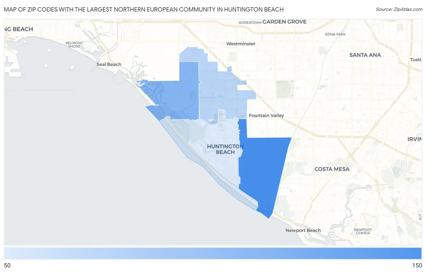 Zip Codes with the Largest Northern European Community in Huntington Beach Map