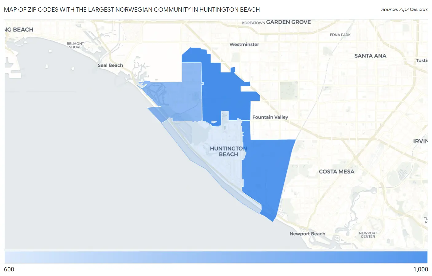 Zip Codes with the Largest Norwegian Community in Huntington Beach Map