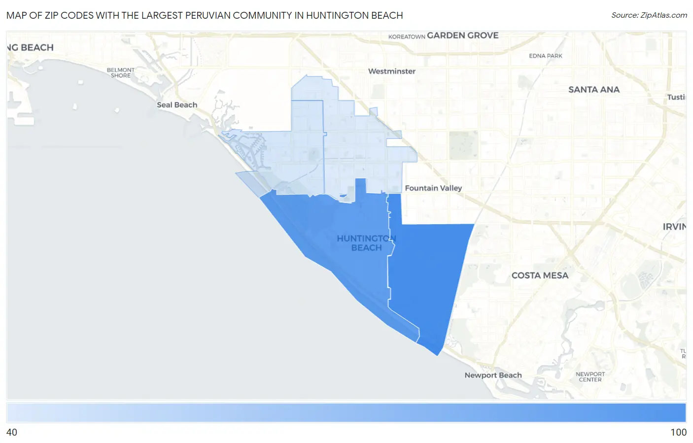 Zip Codes with the Largest Peruvian Community in Huntington Beach Map