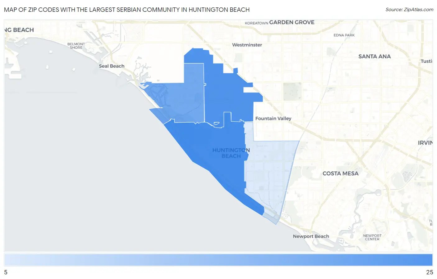 Zip Codes with the Largest Serbian Community in Huntington Beach Map