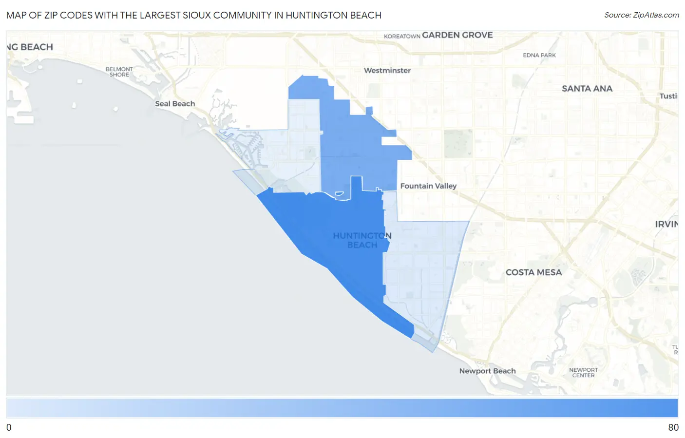 Zip Codes with the Largest Sioux Community in Huntington Beach Map