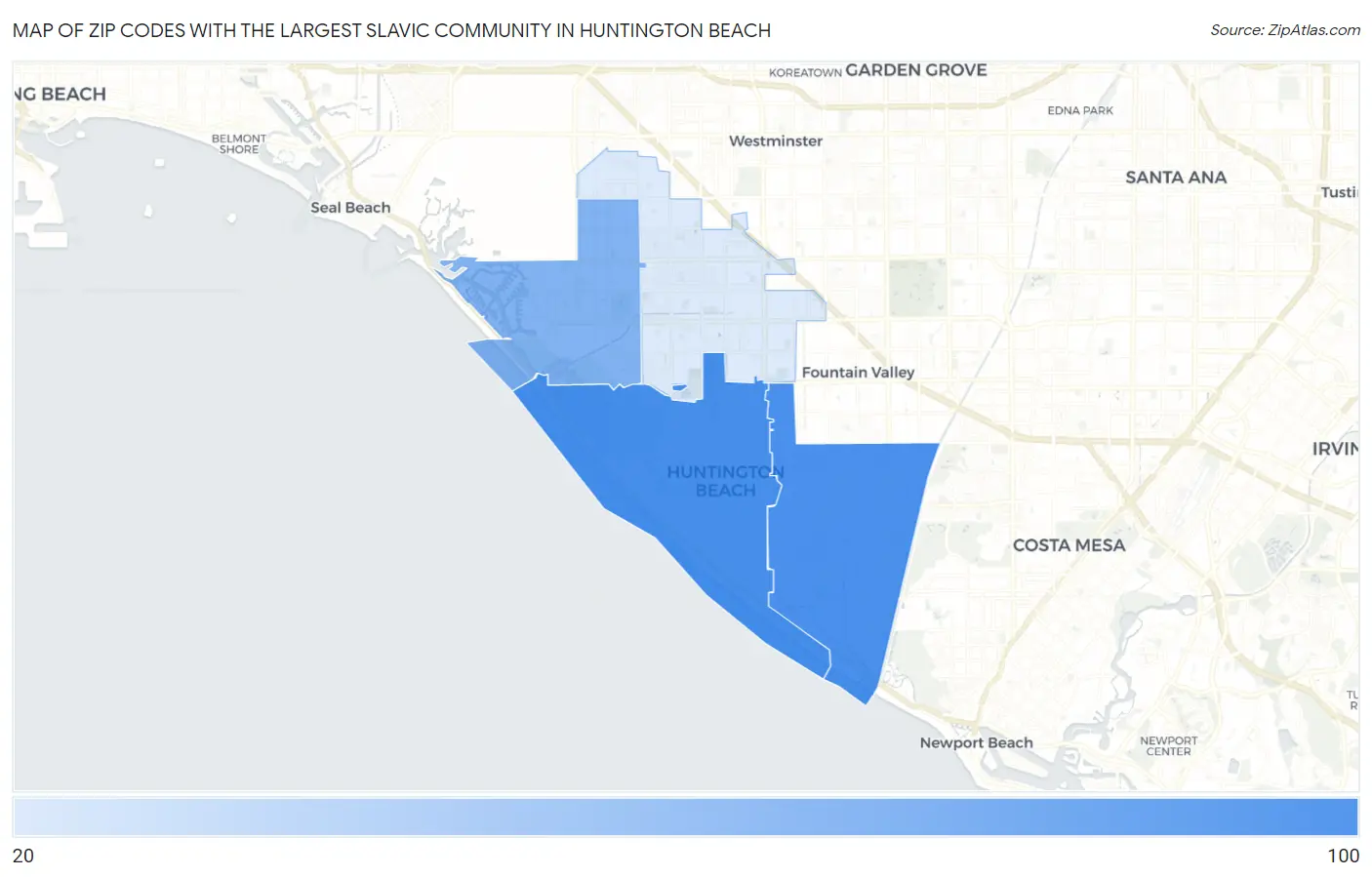 Zip Codes with the Largest Slavic Community in Huntington Beach Map