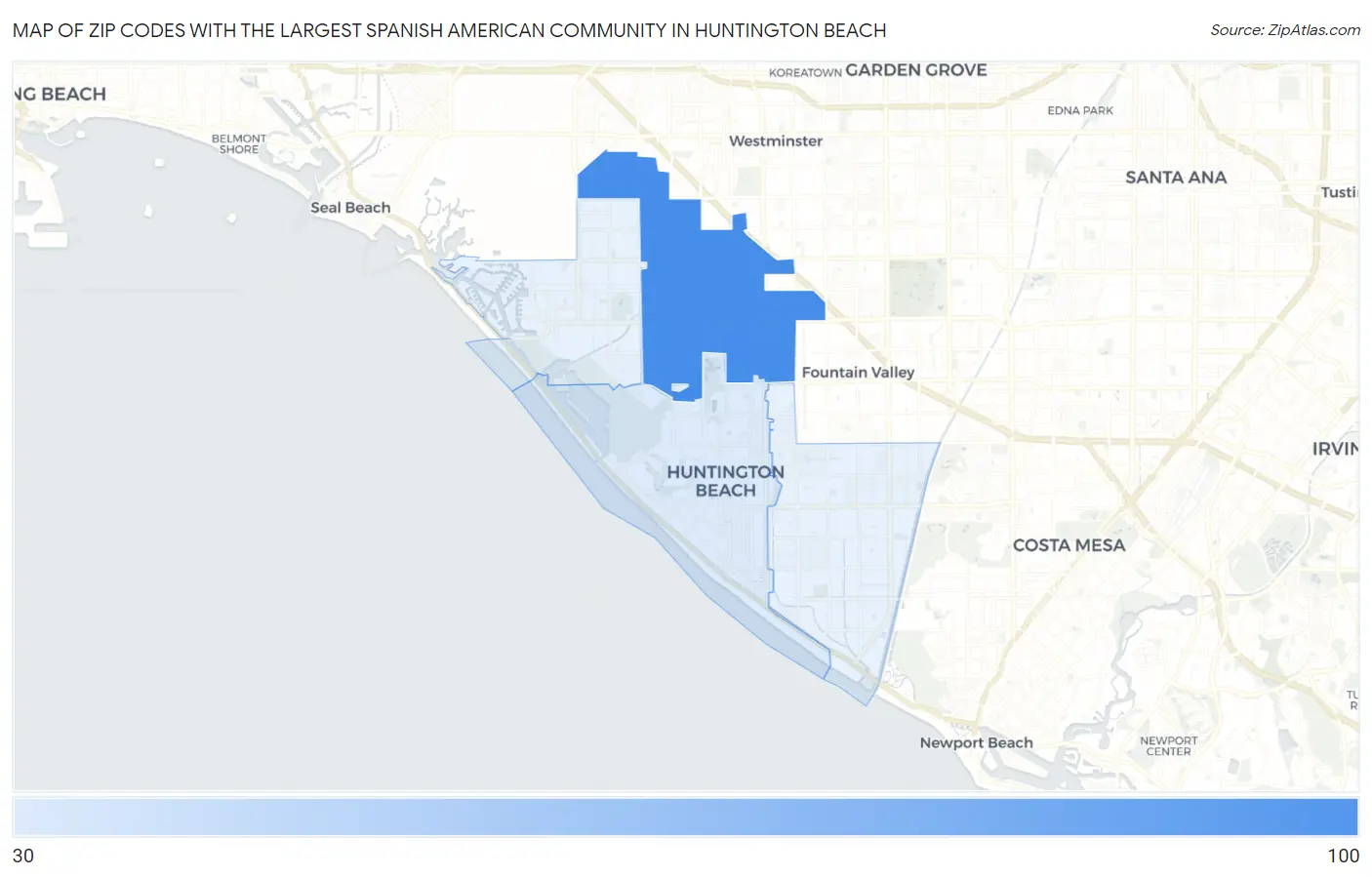 Zip Codes with the Largest Spanish American Community in Huntington Beach Map
