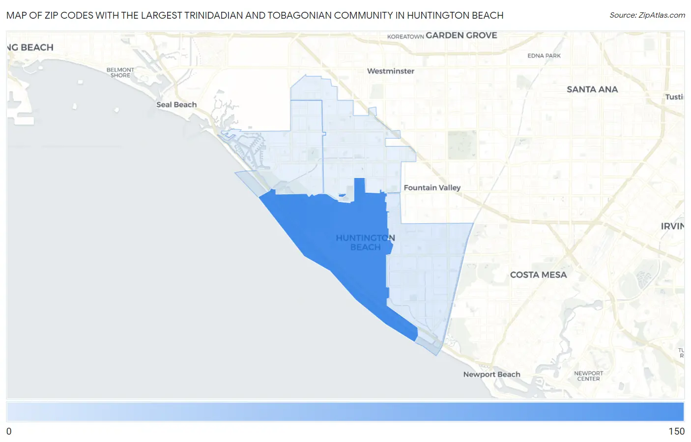 Zip Codes with the Largest Trinidadian and Tobagonian Community in Huntington Beach Map