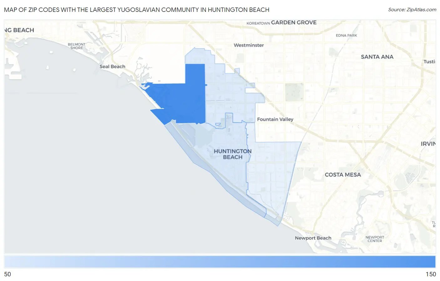 Zip Codes with the Largest Yugoslavian Community in Huntington Beach Map
