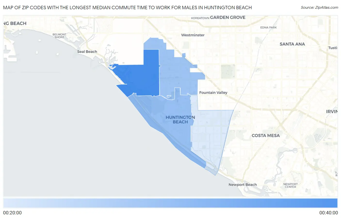 Zip Codes with the Longest Median Commute Time to Work for Males in Huntington Beach Map
