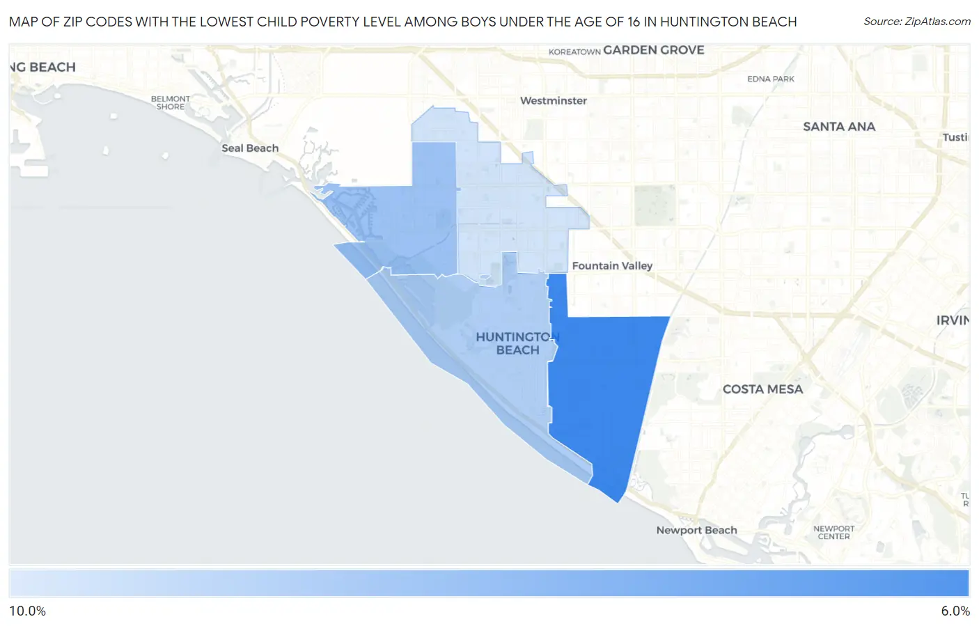 Zip Codes with the Lowest Child Poverty Level Among Boys Under the Age of 16 in Huntington Beach Map