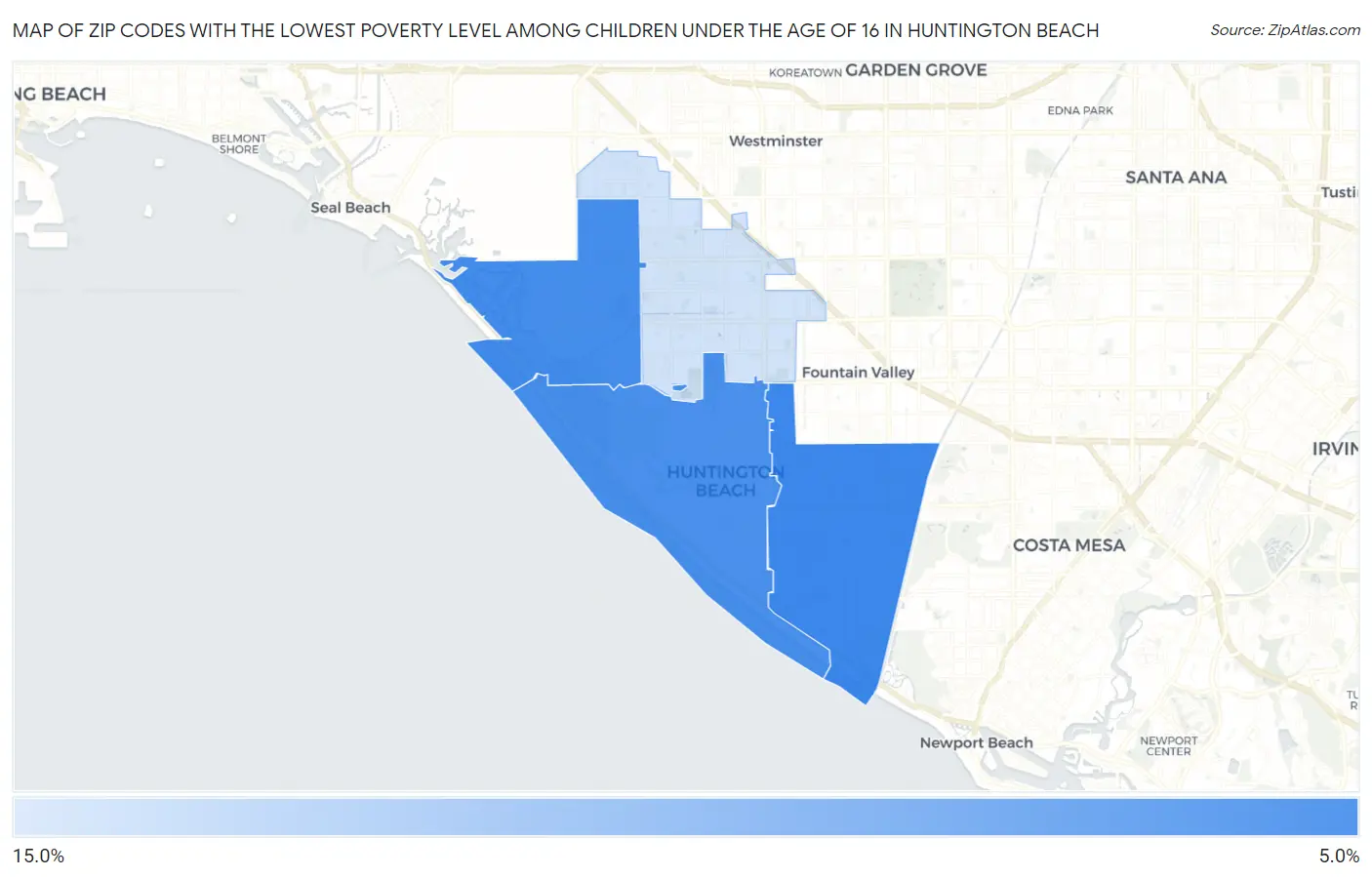 Zip Codes with the Lowest Poverty Level Among Children Under the Age of 16 in Huntington Beach Map