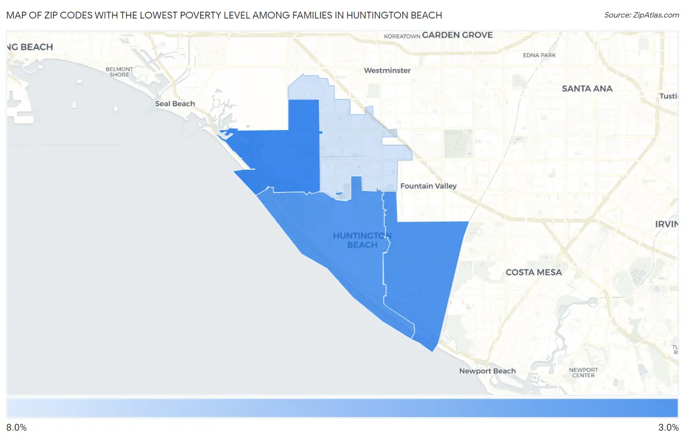 Zip Codes with the Lowest Poverty Level Among Families in Huntington Beach Map