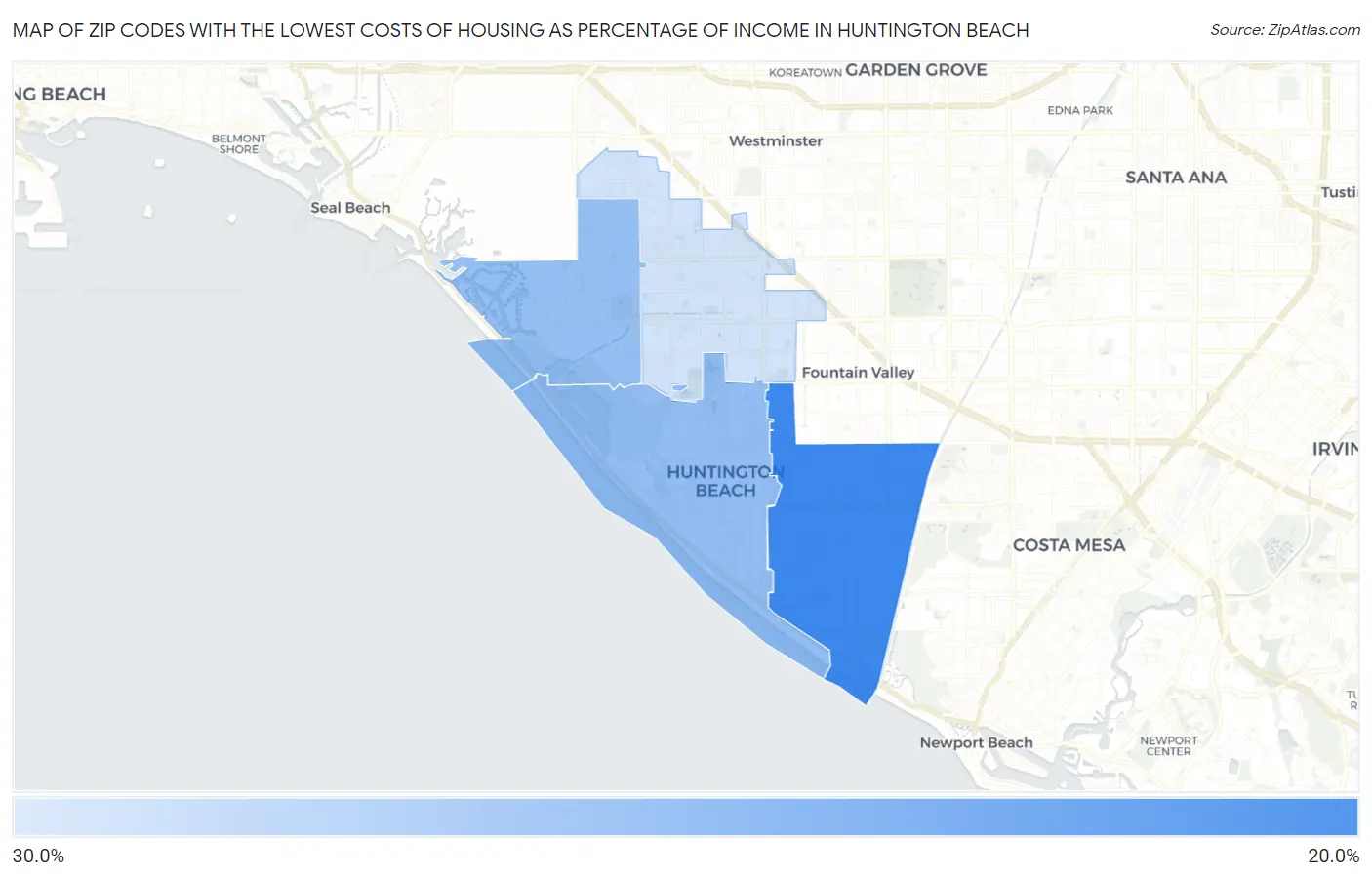 Zip Codes with the Lowest Costs of Housing as Percentage of Income in Huntington Beach Map