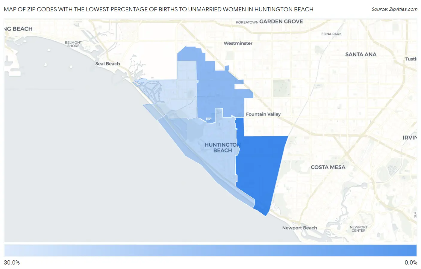 Zip Codes with the Lowest Percentage of Births to Unmarried Women in Huntington Beach Map