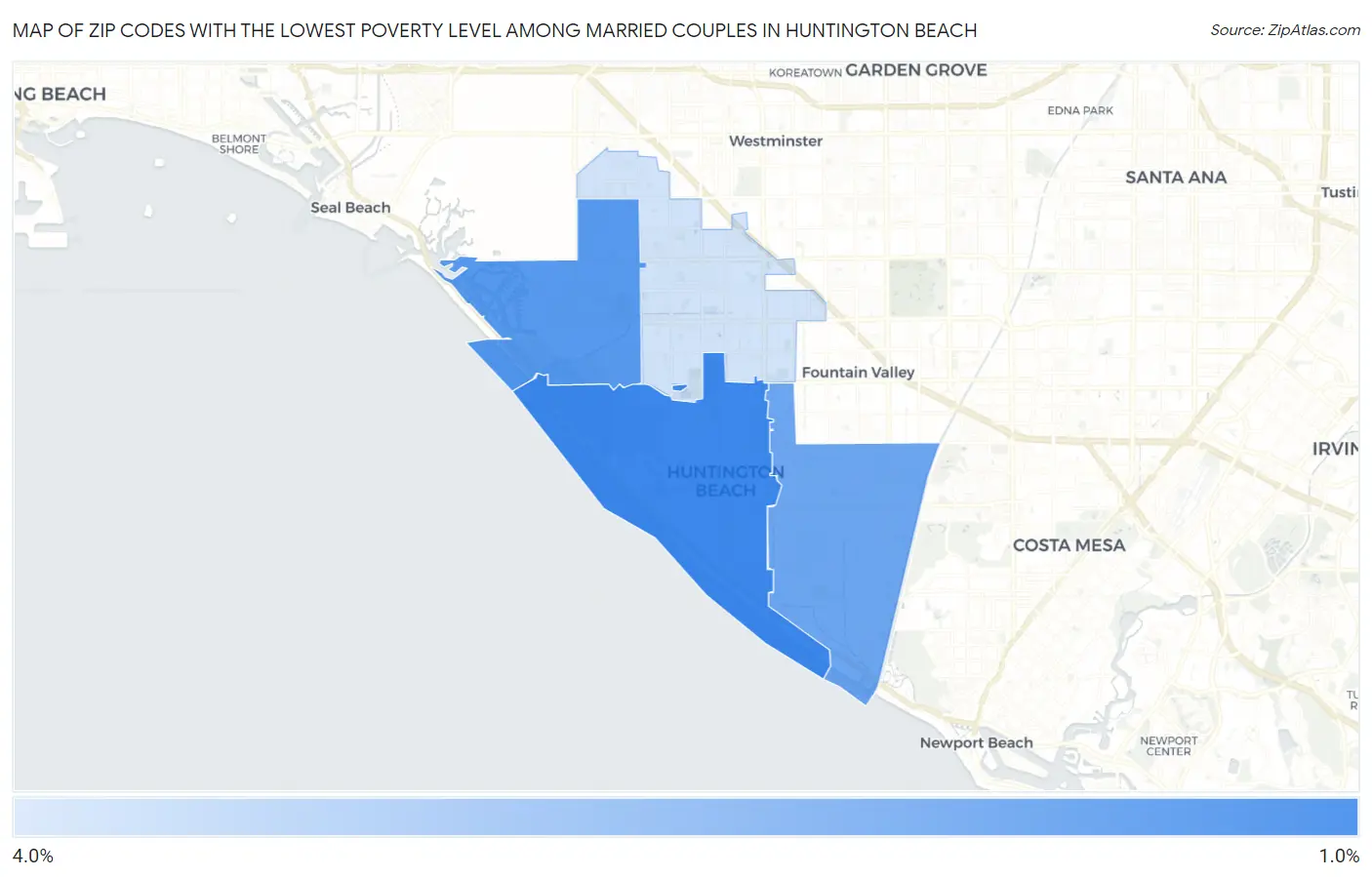 Zip Codes with the Lowest Poverty Level Among Married Couples in Huntington Beach Map