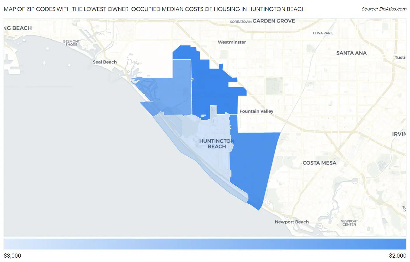 Zip Codes with the Lowest Owner-Occupied Median Costs of Housing in Huntington Beach Map