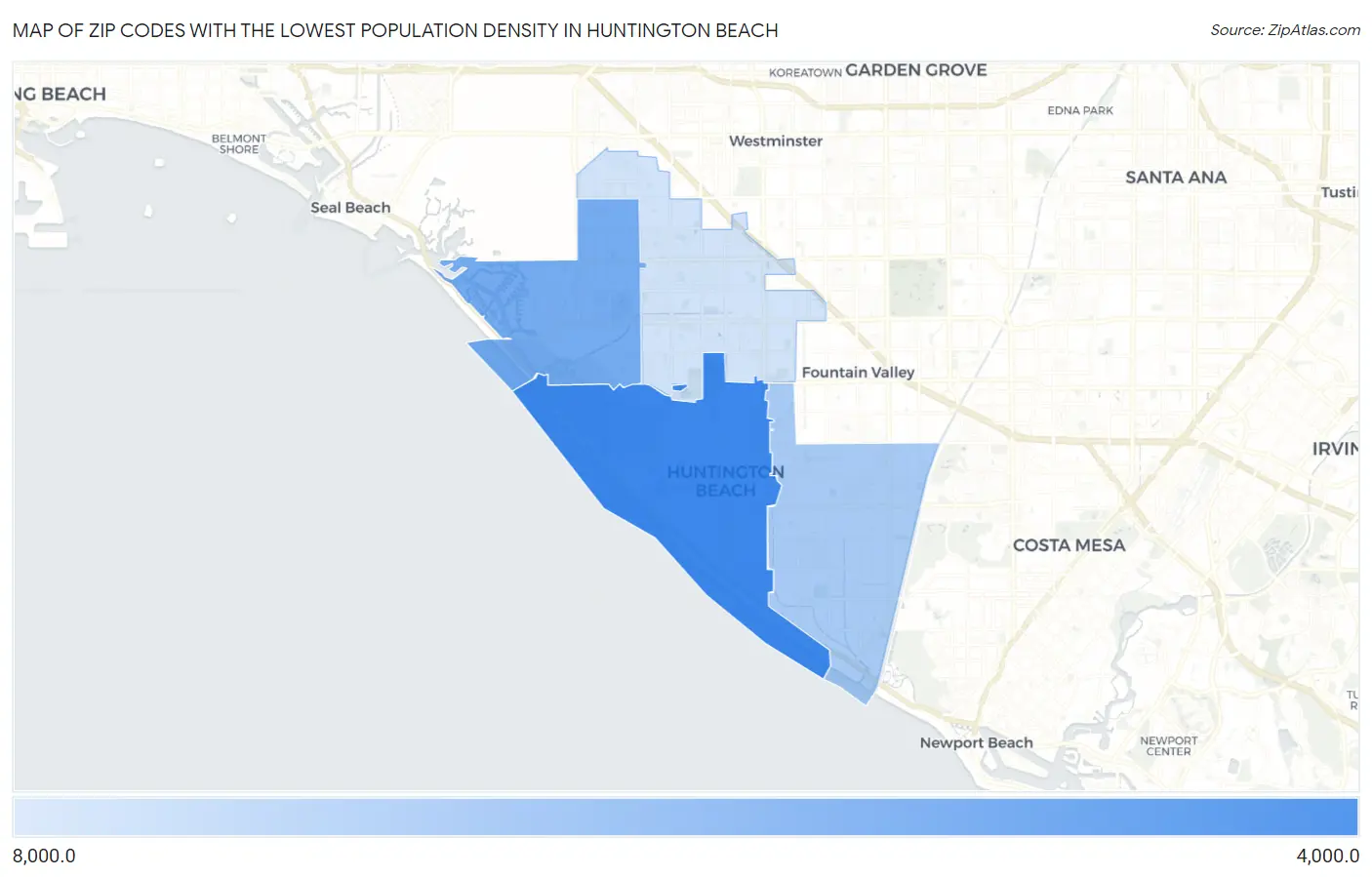 Zip Codes with the Lowest Population Density in Huntington Beach Map