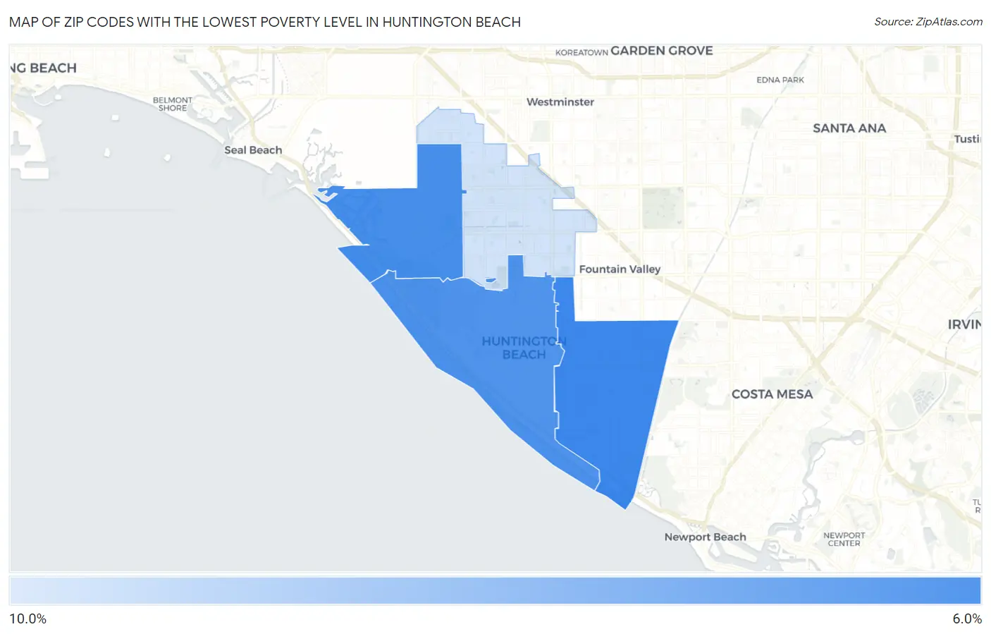 Zip Codes with the Lowest Poverty Level in Huntington Beach Map
