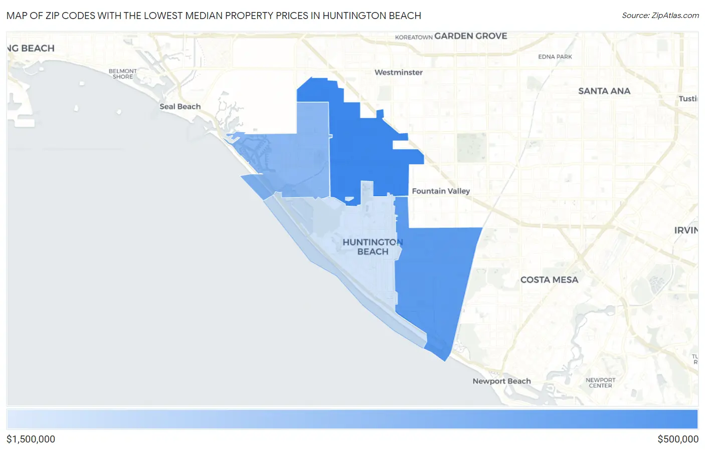 Zip Codes with the Lowest Median Property Prices in Huntington Beach Map