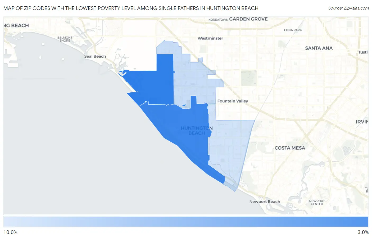 Zip Codes with the Lowest Poverty Level Among Single Fathers in Huntington Beach Map