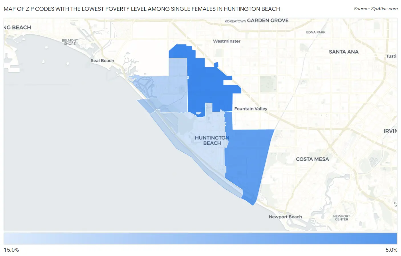 Zip Codes with the Lowest Poverty Level Among Single Females in Huntington Beach Map
