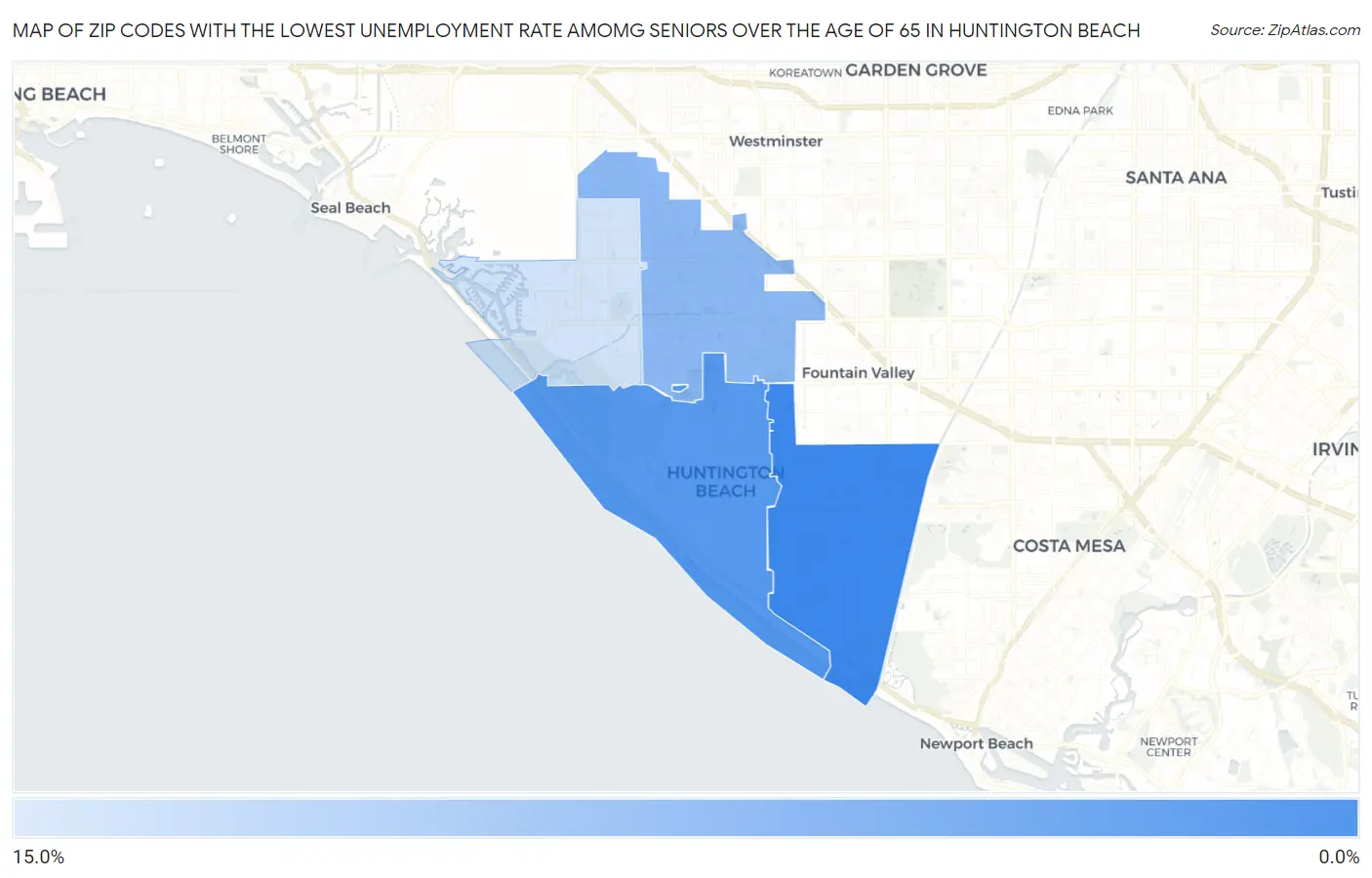 Zip Codes with the Lowest Unemployment Rate Amomg Seniors Over the Age of 65 in Huntington Beach Map