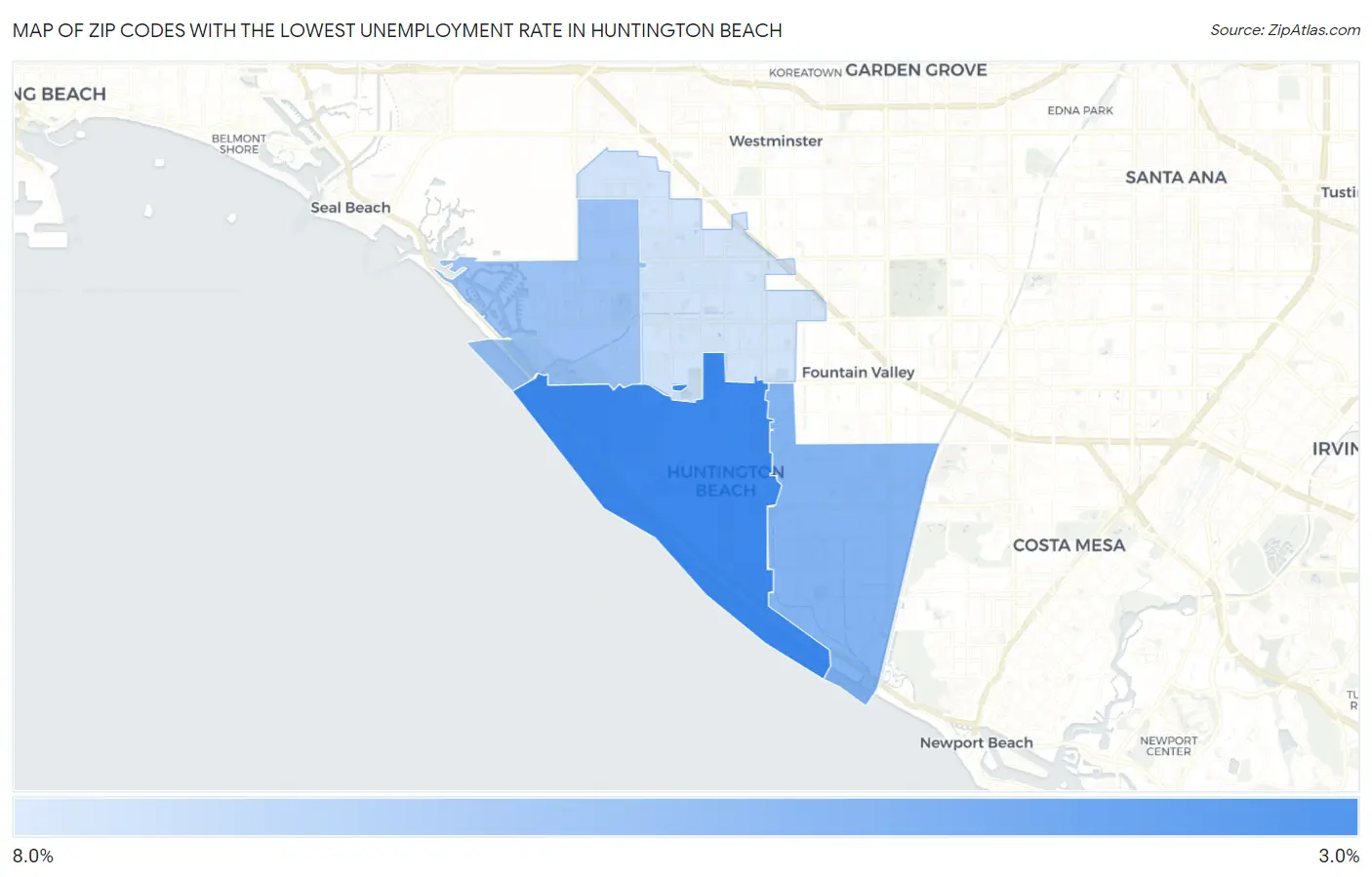 Zip Codes with the Lowest Unemployment Rate in Huntington Beach Map