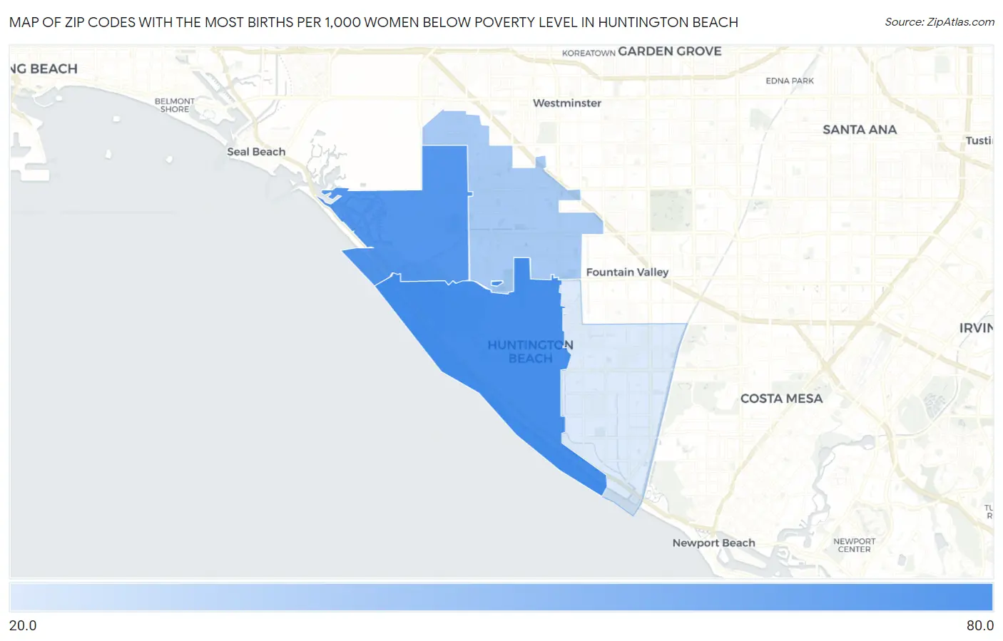 Zip Codes with the Most Births per 1,000 Women Below Poverty Level in Huntington Beach Map