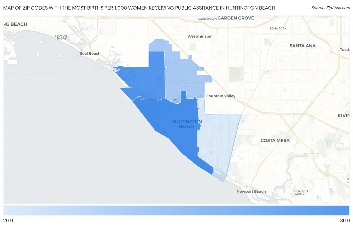 Zip Codes with the Most Births per 1,000 Women Receiving Public Assitance in Huntington Beach Map