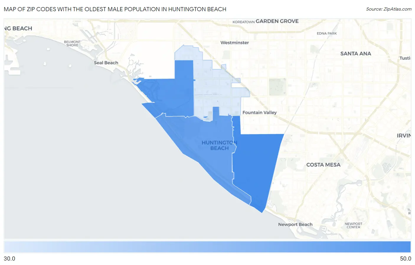 Zip Codes with the Oldest Male Population in Huntington Beach Map