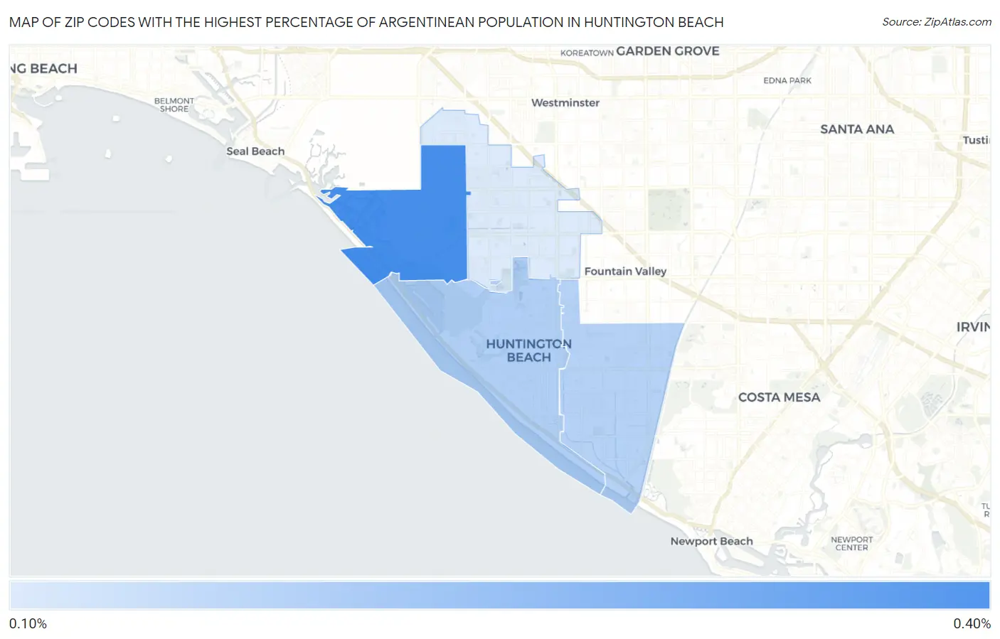 Zip Codes with the Highest Percentage of Argentinean Population in Huntington Beach Map