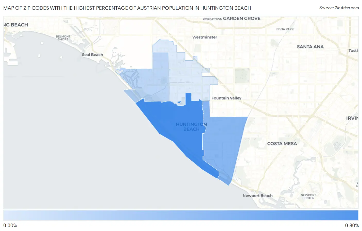 Zip Codes with the Highest Percentage of Austrian Population in Huntington Beach Map