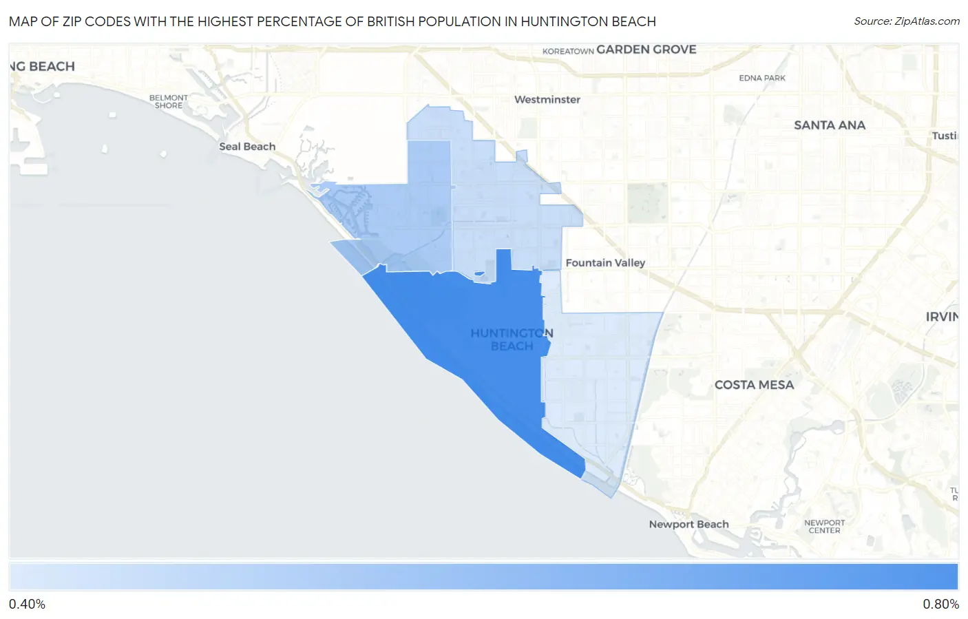 Zip Codes with the Highest Percentage of British Population in Huntington Beach Map