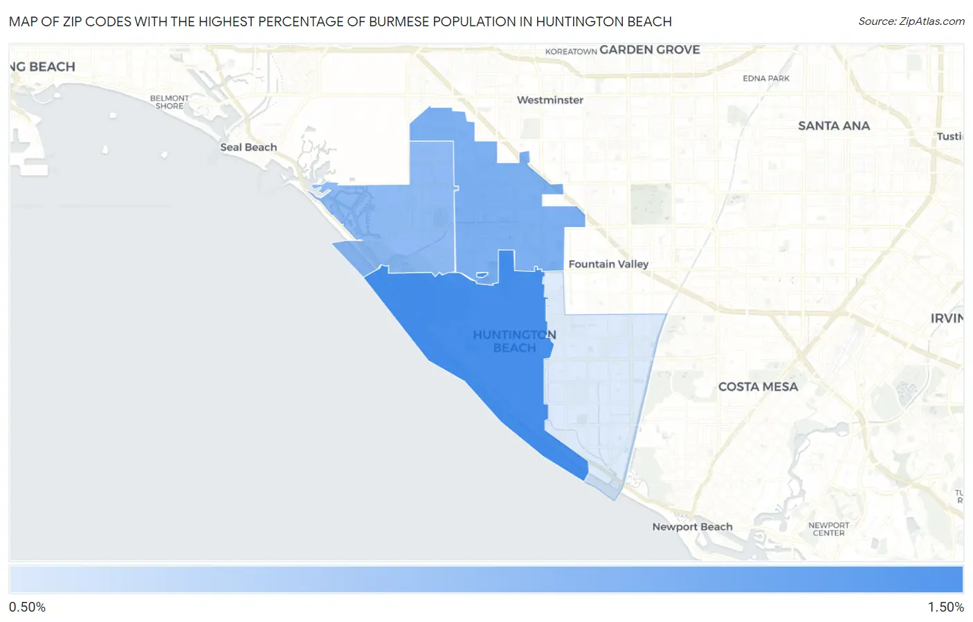 Zip Codes with the Highest Percentage of Burmese Population in Huntington Beach Map