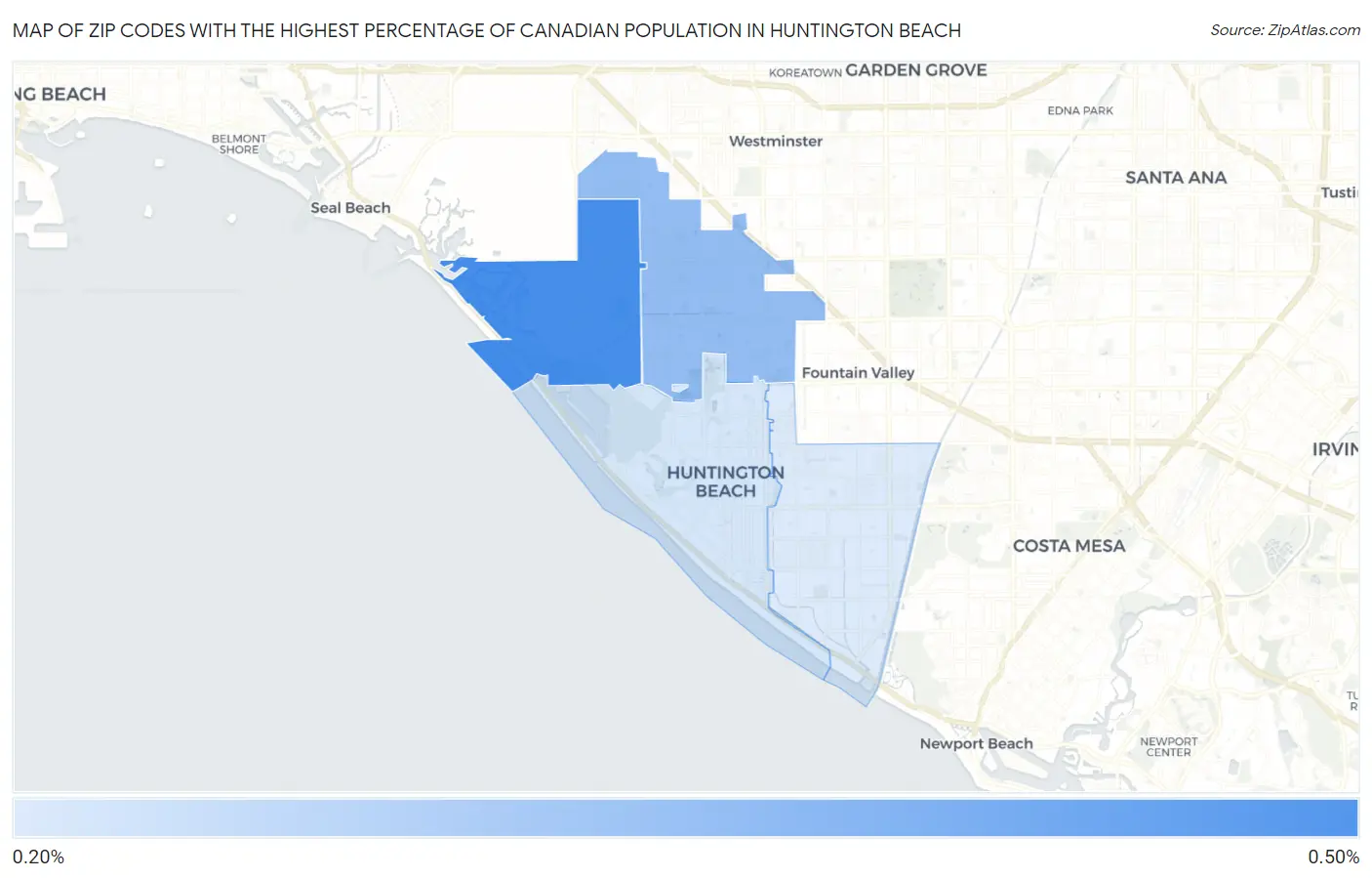 Zip Codes with the Highest Percentage of Canadian Population in Huntington Beach Map