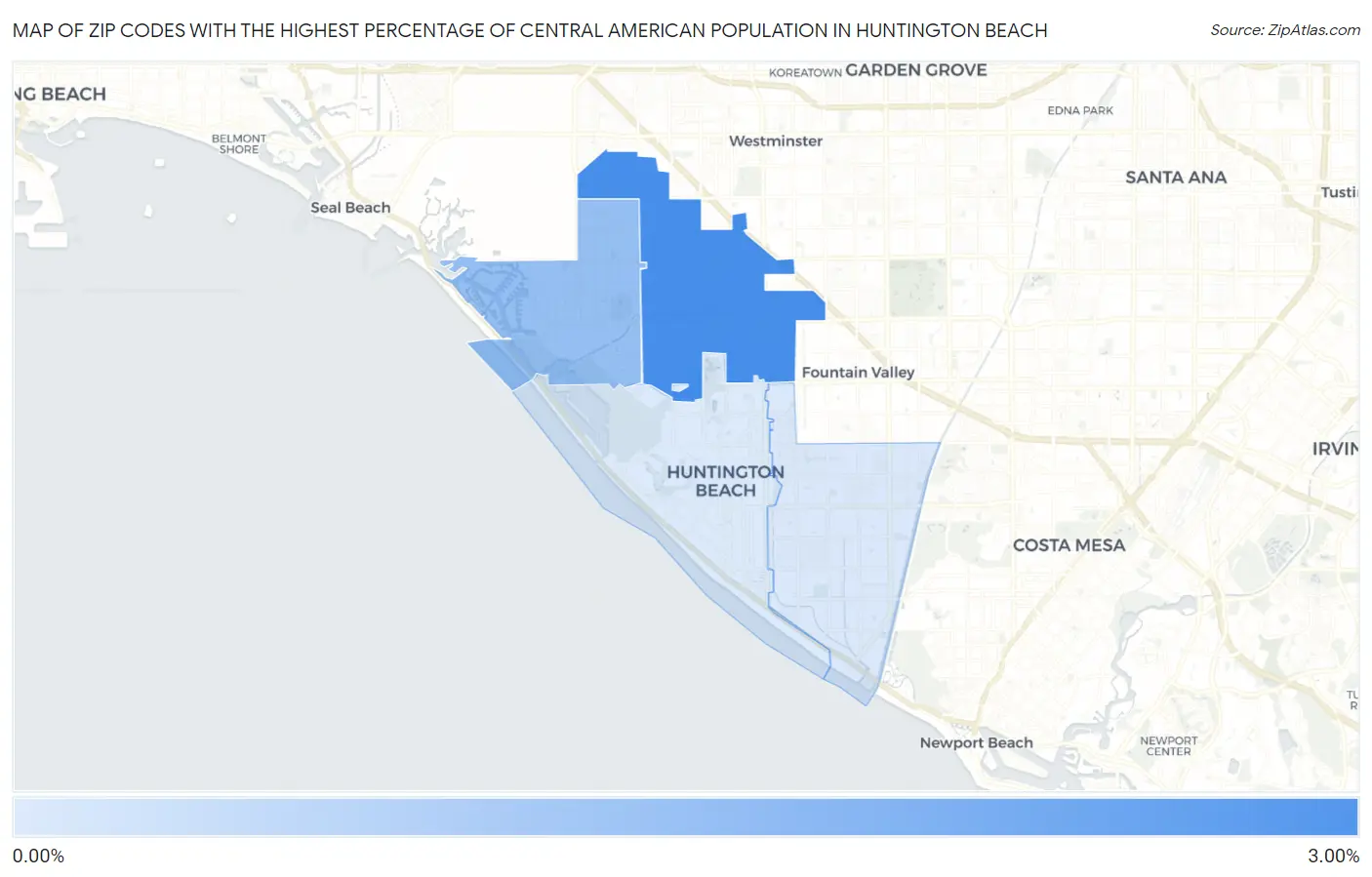 Zip Codes with the Highest Percentage of Central American Population in Huntington Beach Map