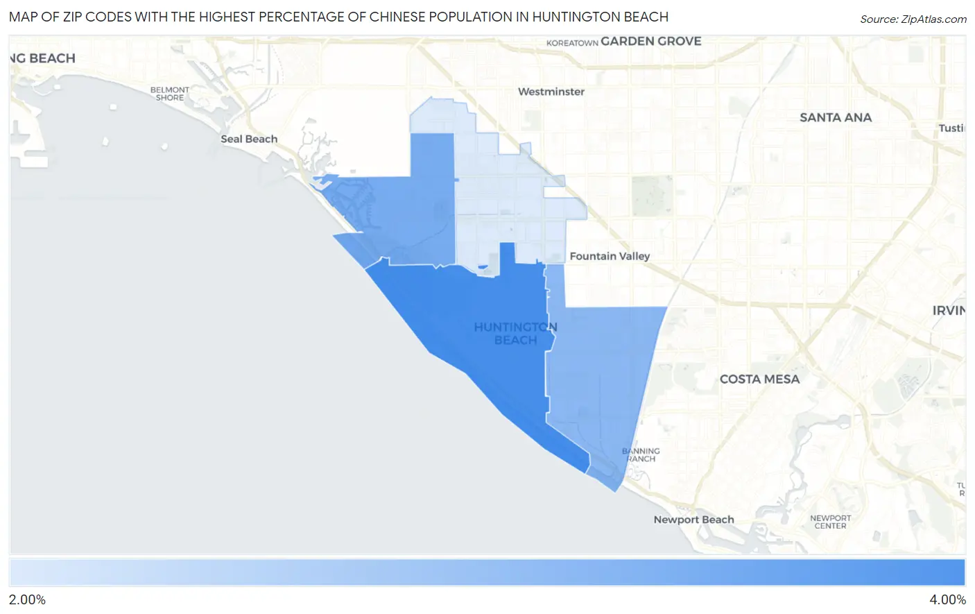 Zip Codes with the Highest Percentage of Chinese Population in Huntington Beach Map