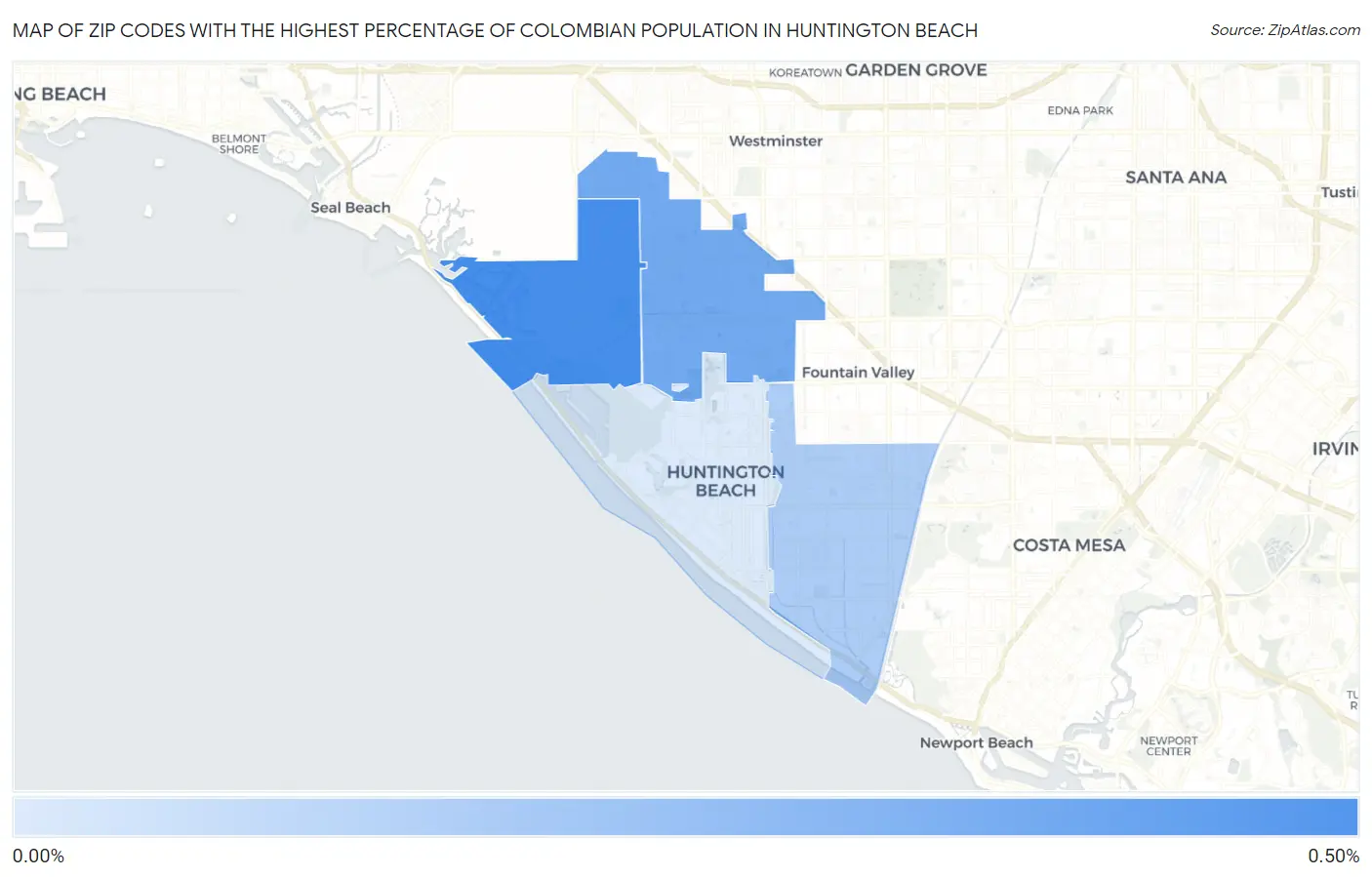 Zip Codes with the Highest Percentage of Colombian Population in Huntington Beach Map