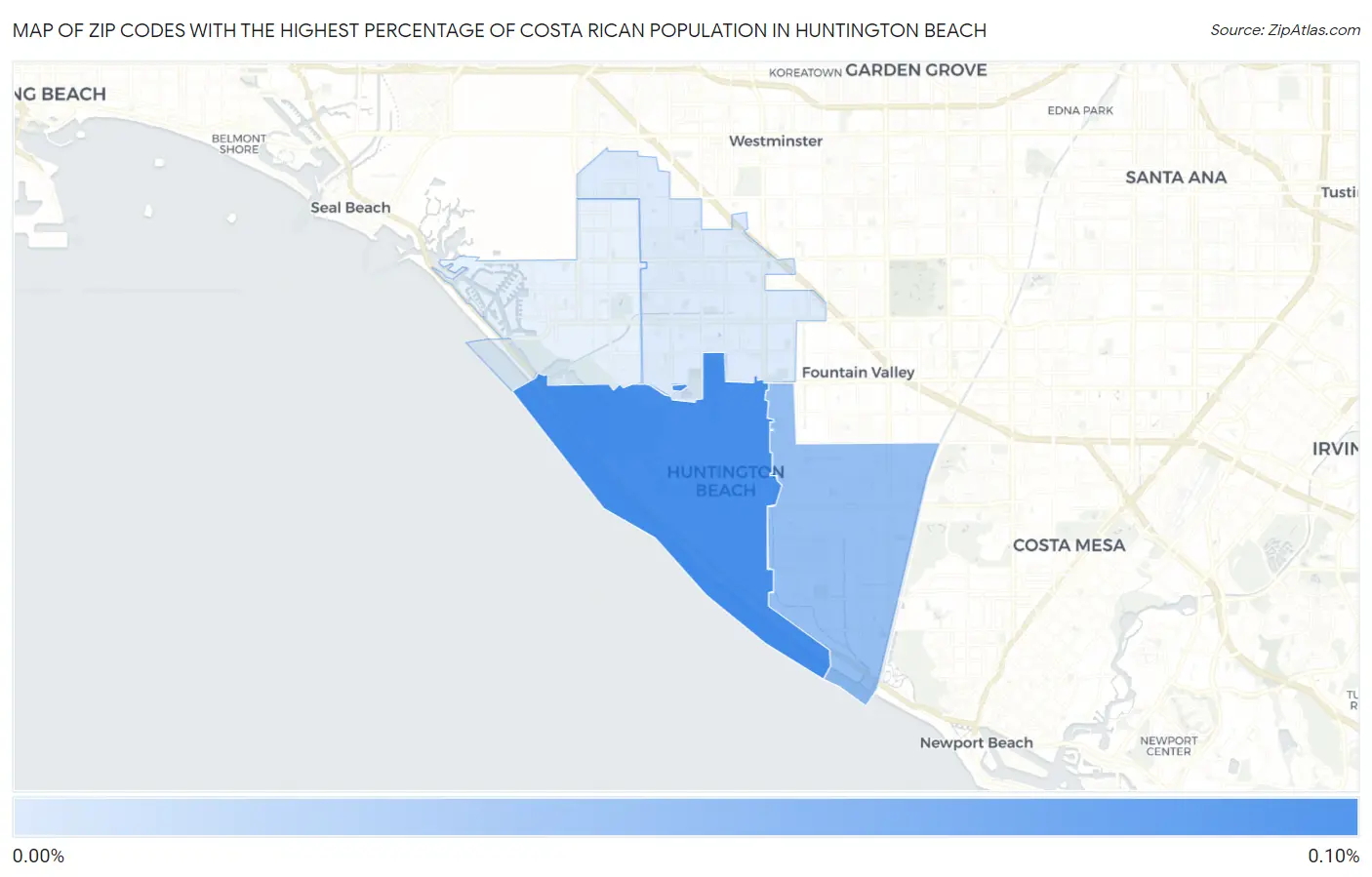 Zip Codes with the Highest Percentage of Costa Rican Population in Huntington Beach Map