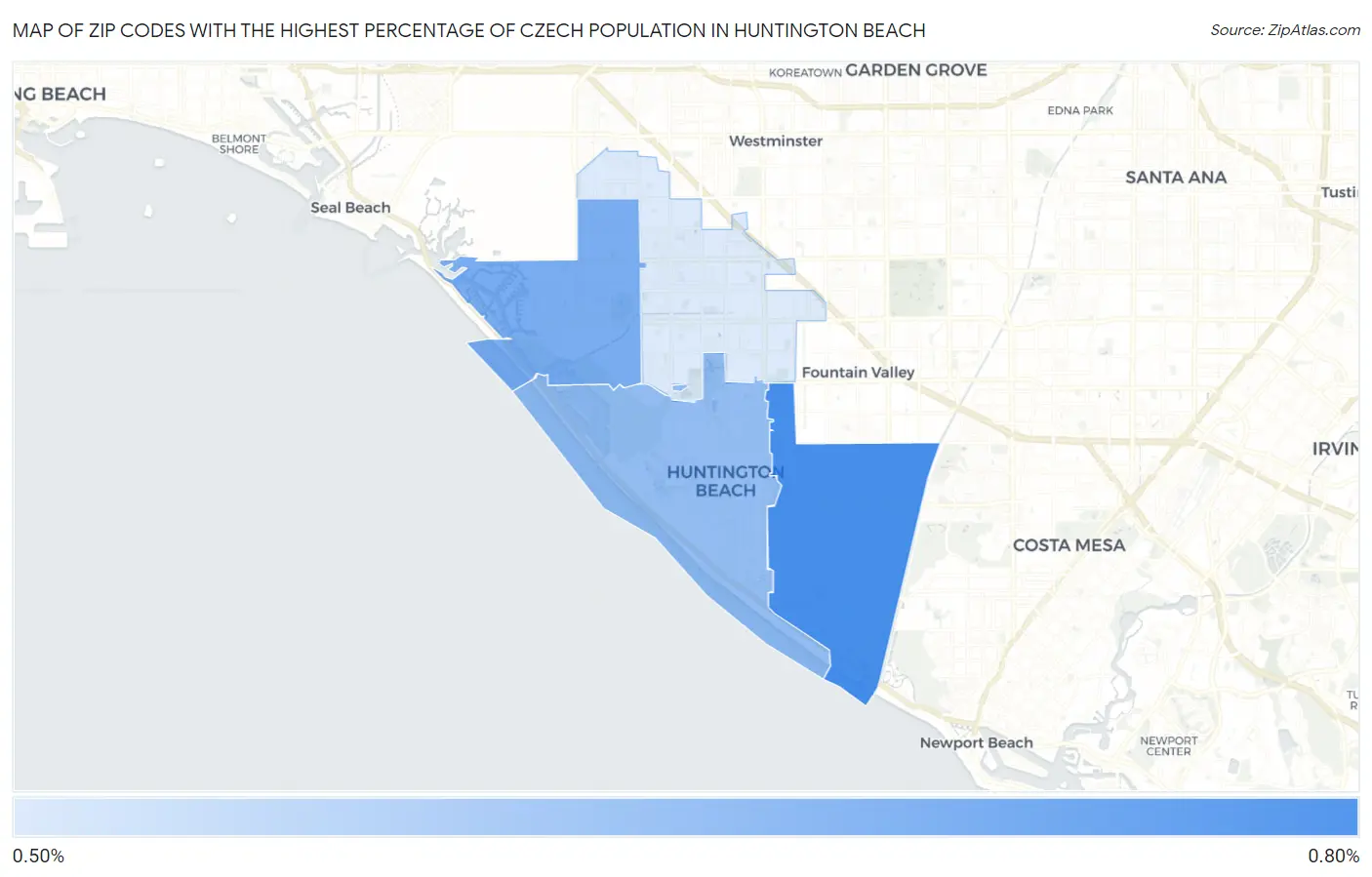 Zip Codes with the Highest Percentage of Czech Population in Huntington Beach Map