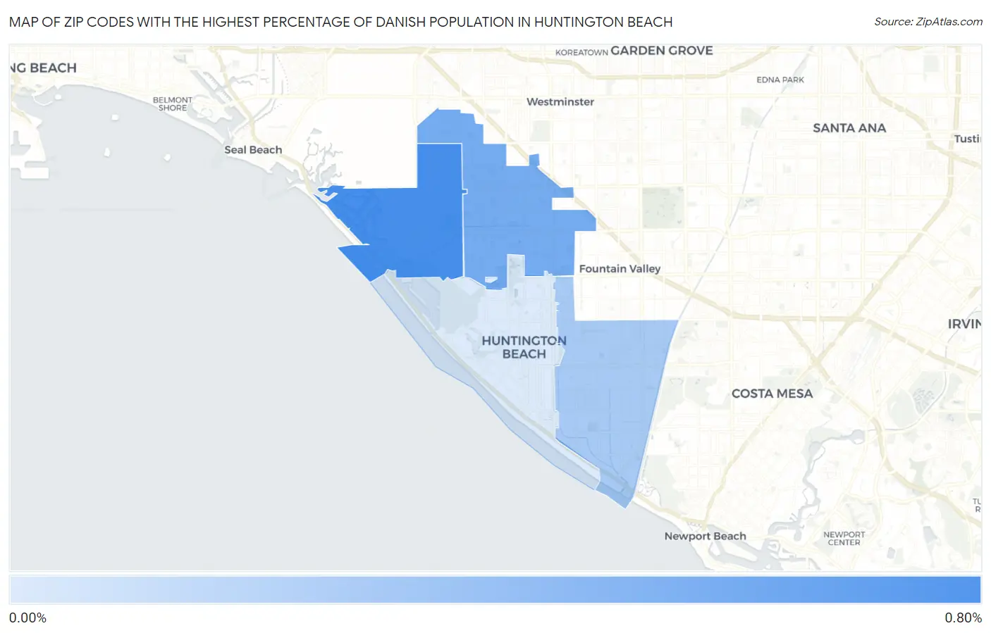 Zip Codes with the Highest Percentage of Danish Population in Huntington Beach Map