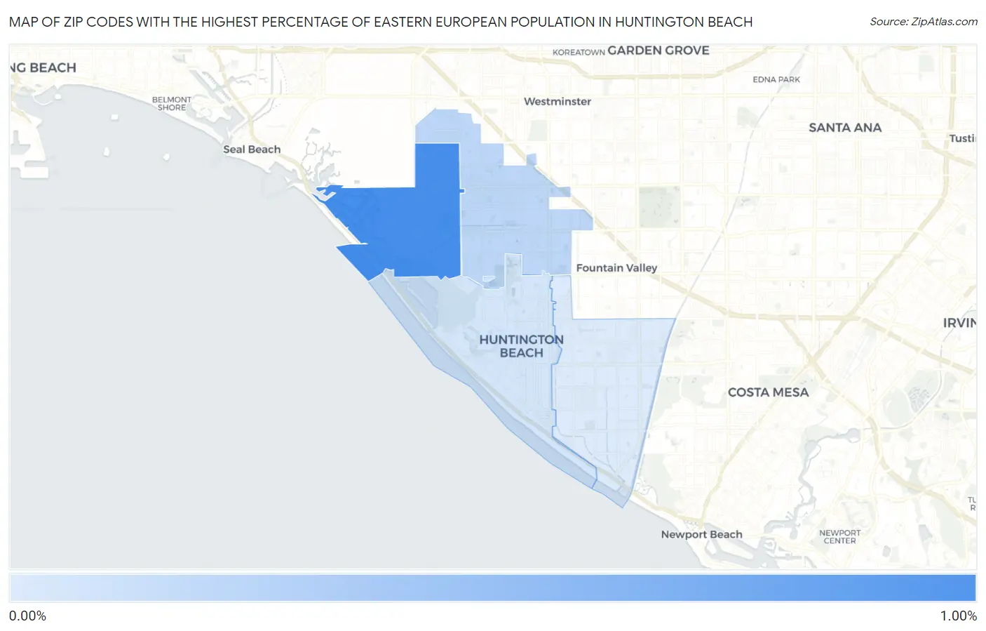 Zip Codes with the Highest Percentage of Eastern European Population in Huntington Beach Map