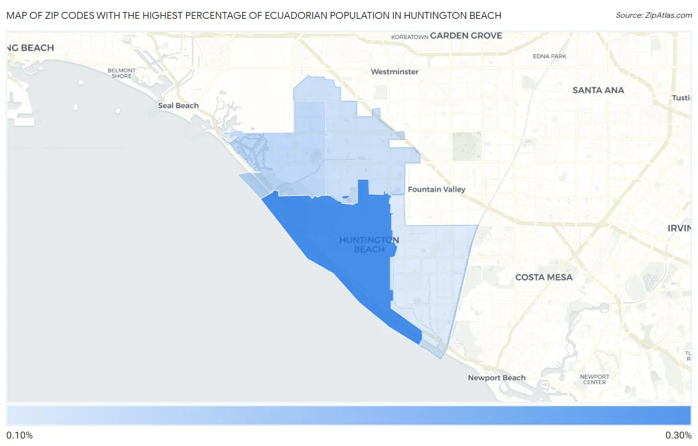 Zip Codes with the Highest Percentage of Ecuadorian Population in Huntington Beach Map