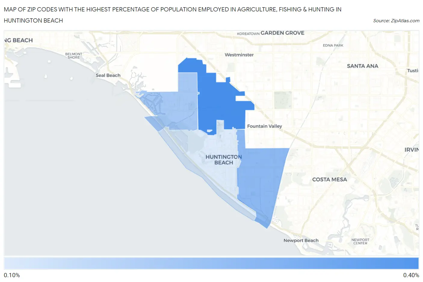 Zip Codes with the Highest Percentage of Population Employed in Agriculture, Fishing & Hunting in Huntington Beach Map