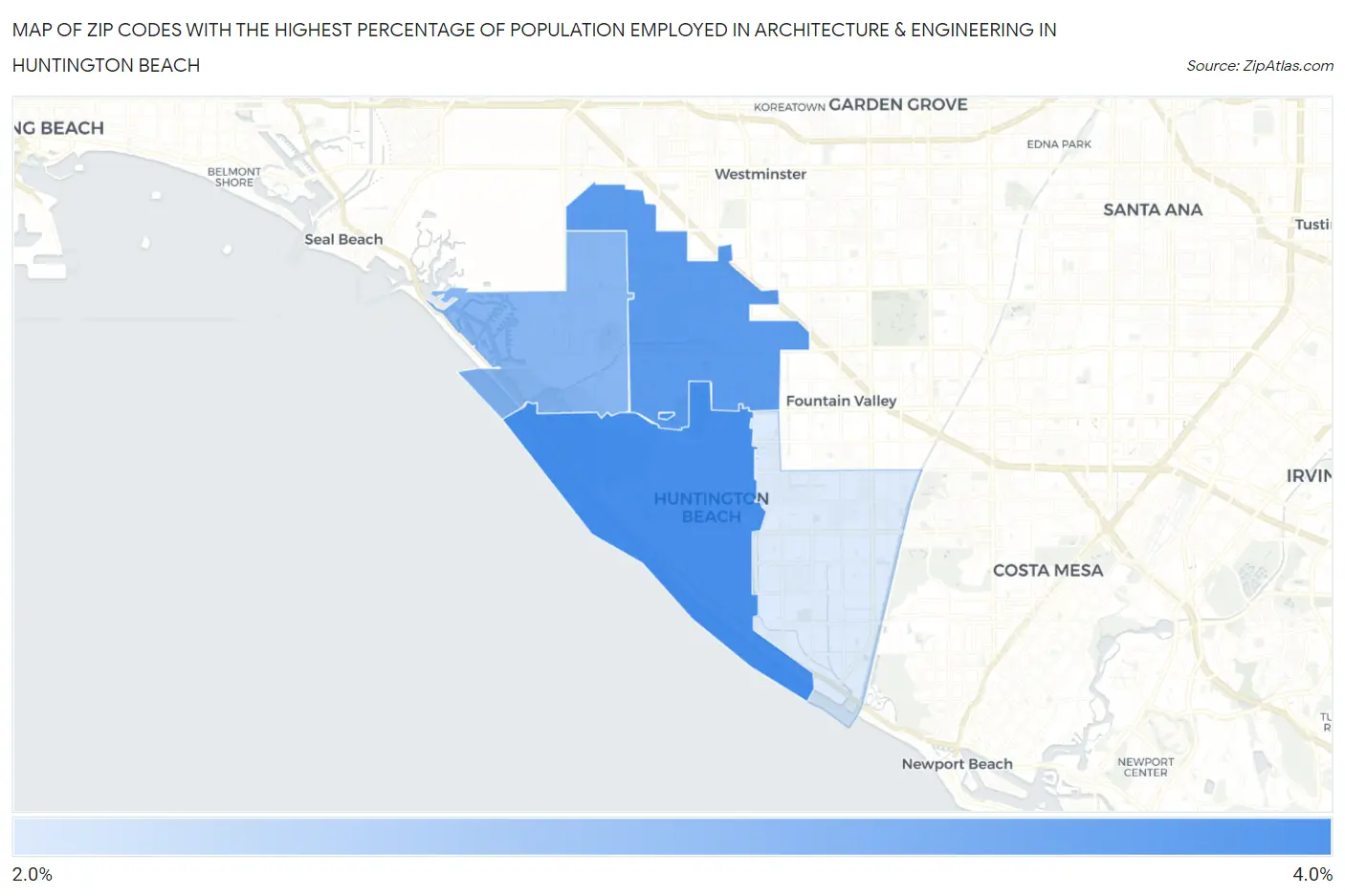 Zip Codes with the Highest Percentage of Population Employed in Architecture & Engineering in Huntington Beach Map