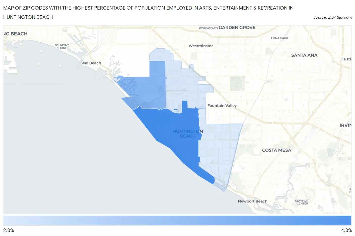 Zip Codes with the Highest Percentage of Population Employed in Arts, Entertainment & Recreation in Huntington Beach Map