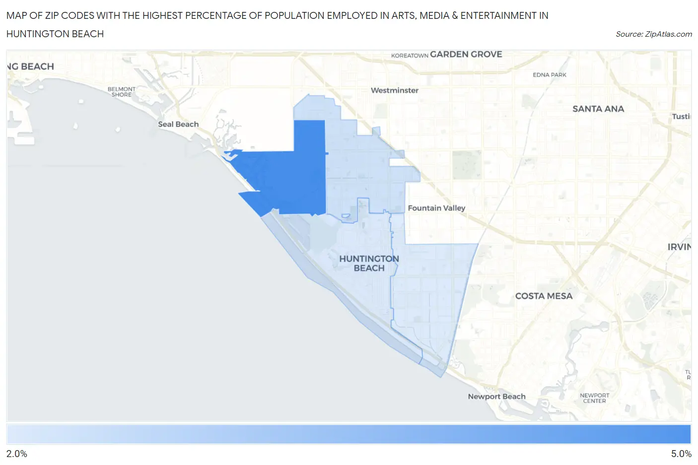 Zip Codes with the Highest Percentage of Population Employed in Arts, Media & Entertainment in Huntington Beach Map