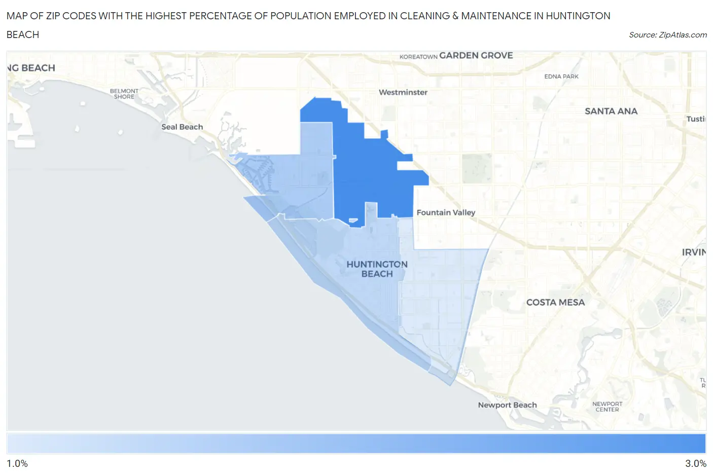 Zip Codes with the Highest Percentage of Population Employed in Cleaning & Maintenance in Huntington Beach Map