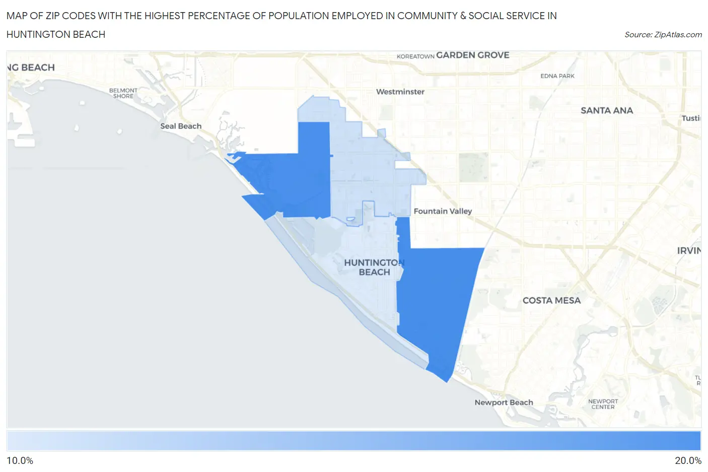 Zip Codes with the Highest Percentage of Population Employed in Community & Social Service  in Huntington Beach Map