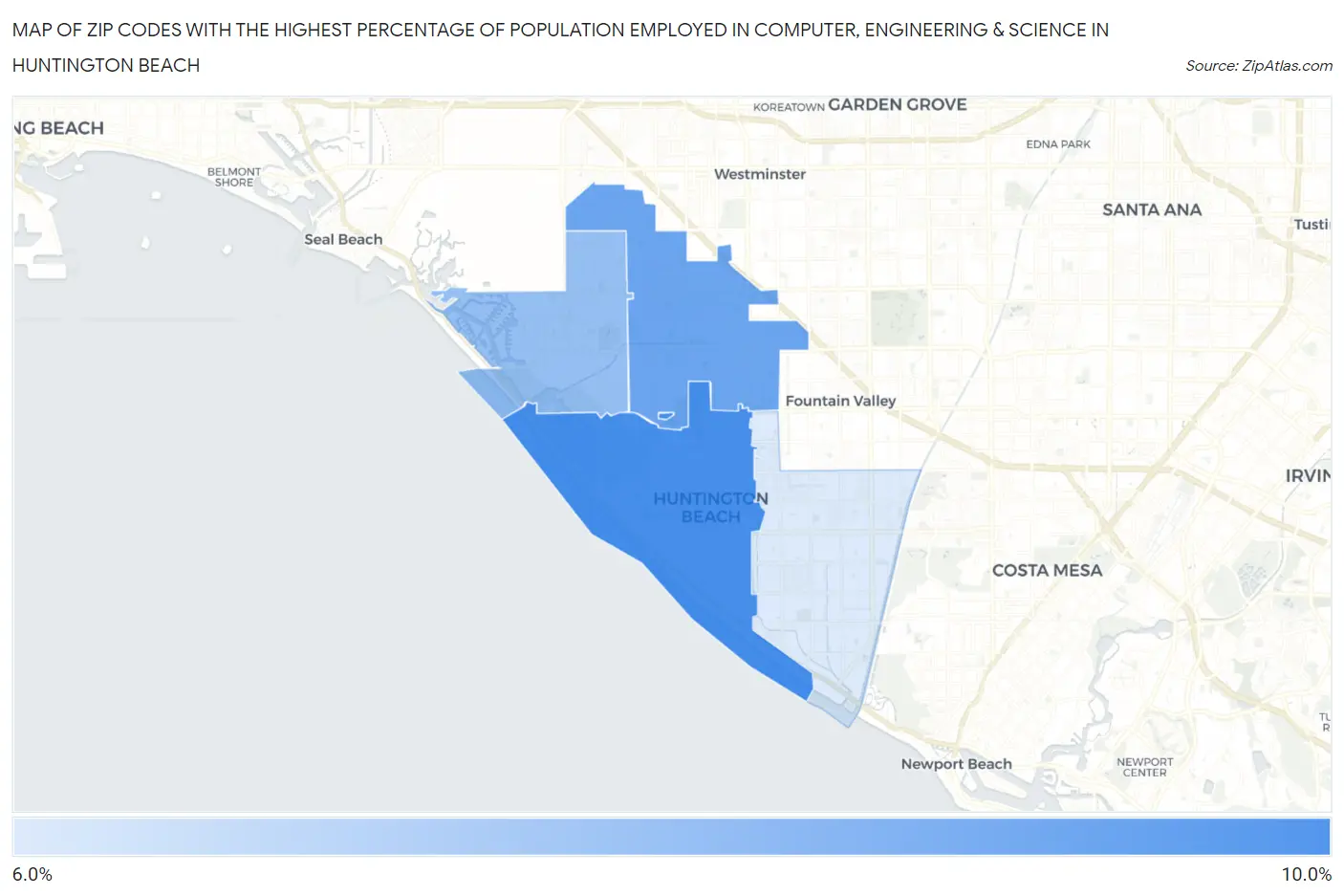 Zip Codes with the Highest Percentage of Population Employed in Computer, Engineering & Science in Huntington Beach Map