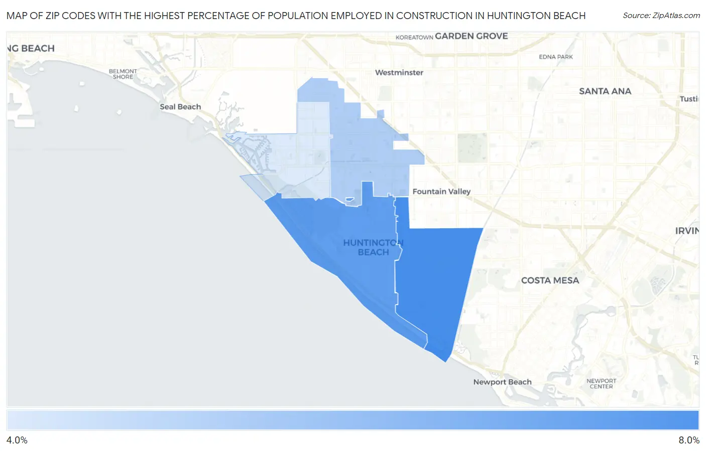 Zip Codes with the Highest Percentage of Population Employed in Construction in Huntington Beach Map